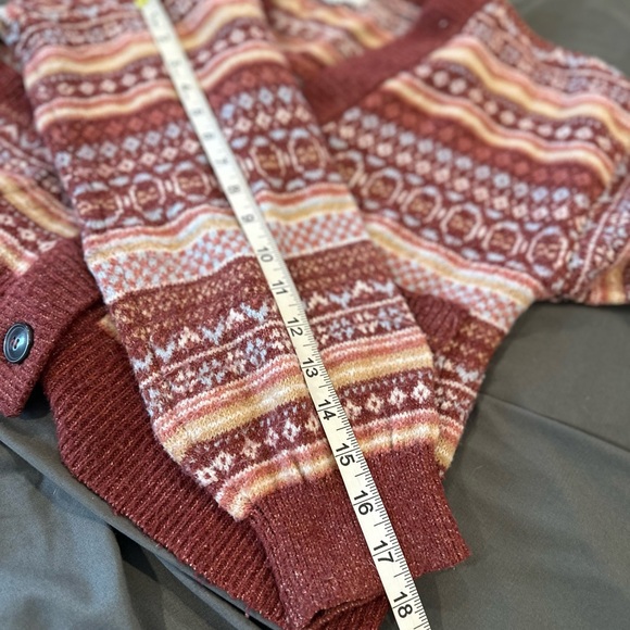 Pink Rose Sz:S Maroon Cream Striped Geometric Vneck Button Cardigan Sweater. - Picture 5 of 10